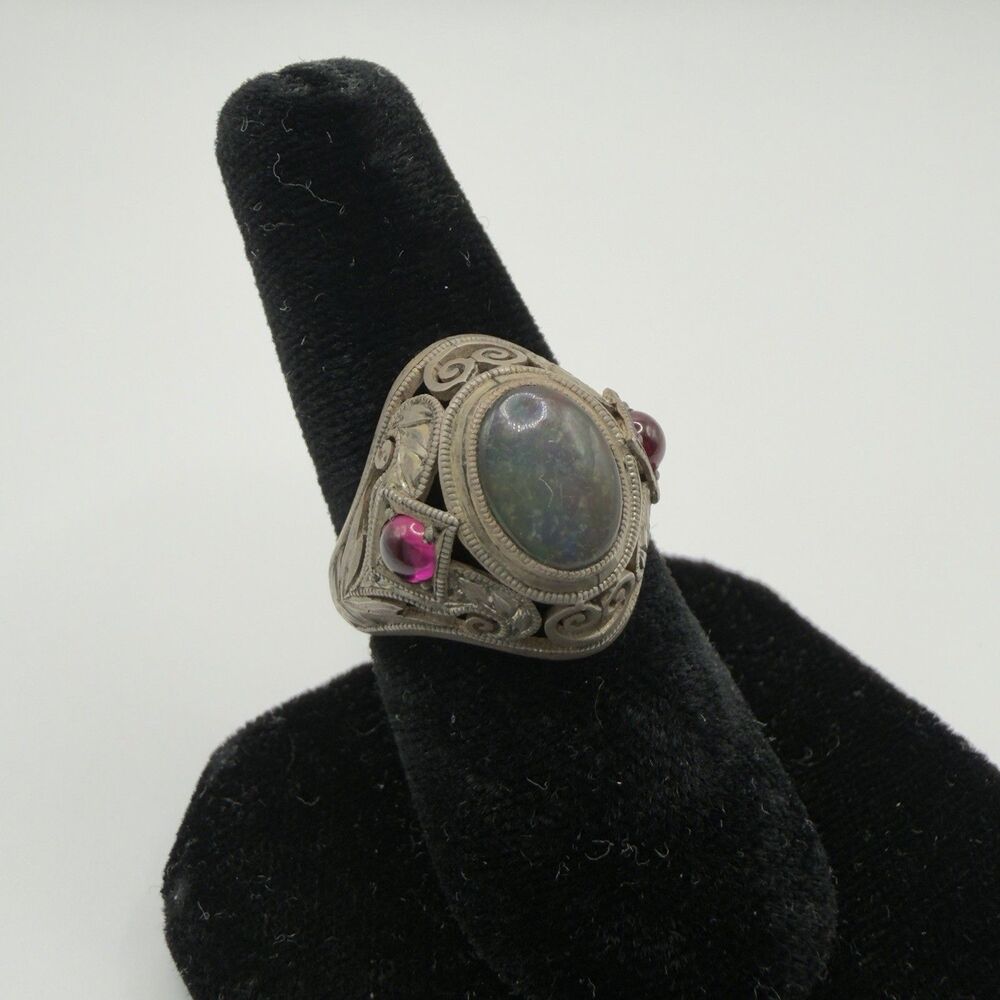 Vintage 925 Sterling Silver Green Yellow Cabochon Filigree Ring Pink Stone Sz 7